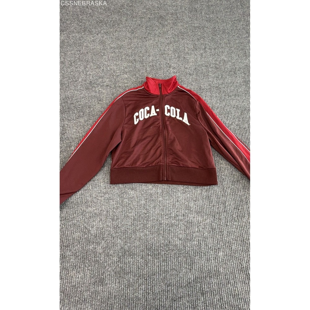 Coca-Cola Women's Full Zip Track Jacket Maroon Red Cropped Mock Neck‎ Sz XS